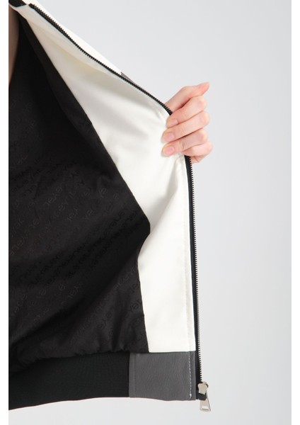 Kadın Oversize Baskılı Deri Motorcu Montu Fermuarlı Yarışçı Ceket Astarlı Bomber Kolej Mont