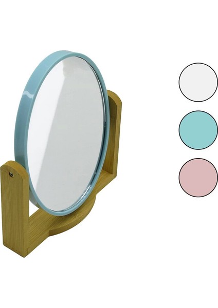 Oval 8 Inç= 20.5X15.5CM Ahşap Bambu Ayaklı Makyaj Aynası Çift Taraflı Renkli Plastik Çerçeve (5148)