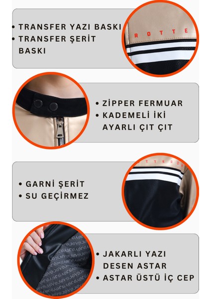 Kadın Şeritli Baskılı Fermuarlı Deri Mont Yarışçı Kolej Mont Yaka Çıtçıtlı Motorcu Montu Bomber