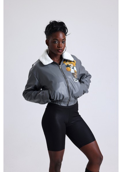 Kadın Deri Yaka Kürklü Fermuarlı Oversize Mont Baskılı Beli Lastikli Bomber Kolej Mont Gri modelleri