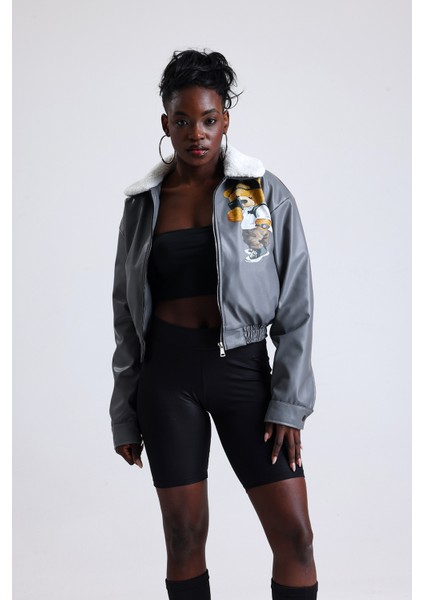 Kadın Deri Yaka Kürklü Fermuarlı Oversize Mont Baskılı Beli Lastikli Bomber Kolej Mont Gri fırsatları