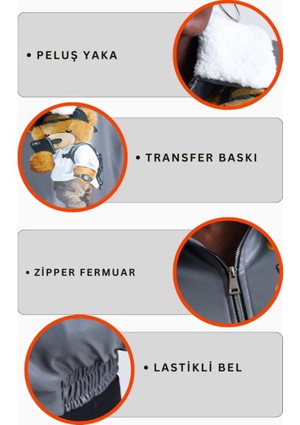 Kadın Deri Yaka Kürklü Fermuarlı Oversize Mont Baskılı Beli Lastikli Bomber Kolej Mont Gri