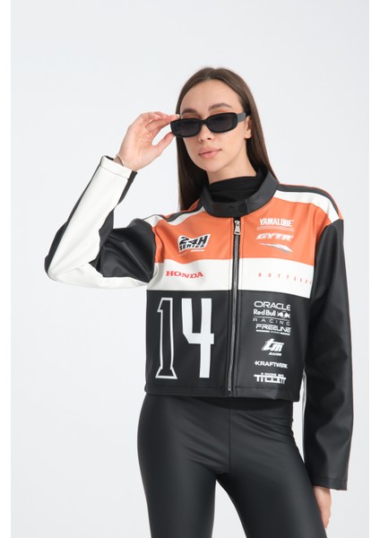 Kadın Oversize Baskılı Deri Şeritli Motorcu Montu Garnili Fermuarlı Yarışçı Ceketi Bomber Kolej Mont