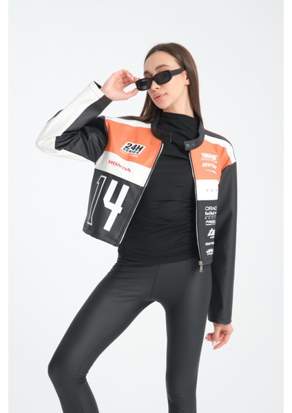 Kadın Oversize Baskılı Deri Şeritli Motorcu Montu Garnili Fermuarlı Yarışçı Ceketi Bomber Kolej Mont fiyatları