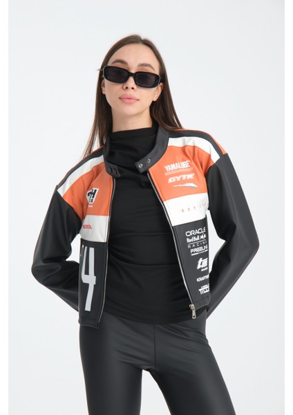 Kadın Oversize Baskılı Deri Şeritli Motorcu Montu Garnili Fermuarlı Yarışçı Ceketi Bomber Kolej Mont modelleri