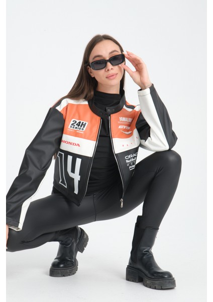 Kadın Oversize Baskılı Deri Şeritli Motorcu Montu Garnili Fermuarlı Yarışçı Ceketi Bomber Kolej Mont fırsatları