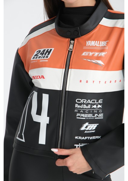 Kadın Oversize Baskılı Deri Şeritli Motorcu Montu Garnili Fermuarlı Yarışçı Ceketi Bomber Kolej Mont