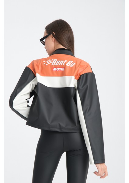 Kadın Oversize Baskılı Deri Şeritli Motorcu Montu Garnili Fermuarlı Yarışçı Ceketi Bomber Kolej Mont