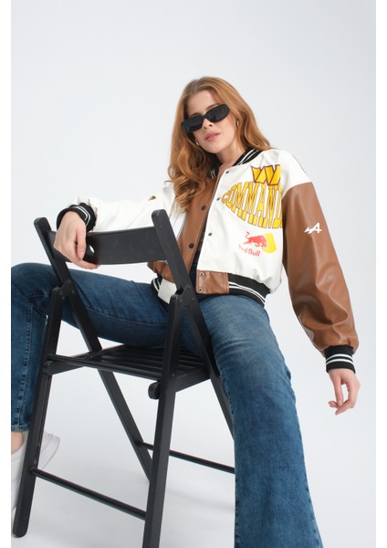 Kadın Deri Overisize Çift Renkli Baskılı Kolej Ceket Çıt Çıtlı Motorcu Montu Yarışçı Bomber Ceket