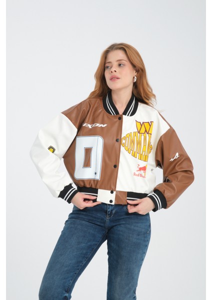 Kadın Deri Overisize Çift Renkli Baskılı Kolej Ceket Çıt Çıtlı Motorcu Montu Yarışçı Bomber Ceket fiyatları