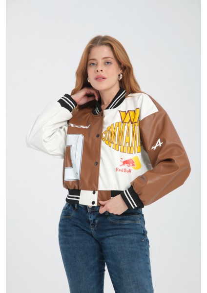 Kadın Deri Overisize Çift Renkli Baskılı Kolej Ceket Çıt Çıtlı Motorcu Montu Yarışçı Bomber Ceket modelleri