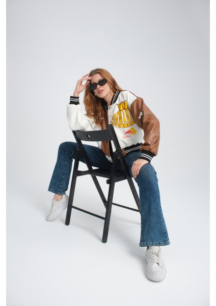 Kadın Deri Overisize Çift Renkli Baskılı Kolej Ceket Çıt Çıtlı Motorcu Montu Yarışçı Bomber Ceket fırsatları