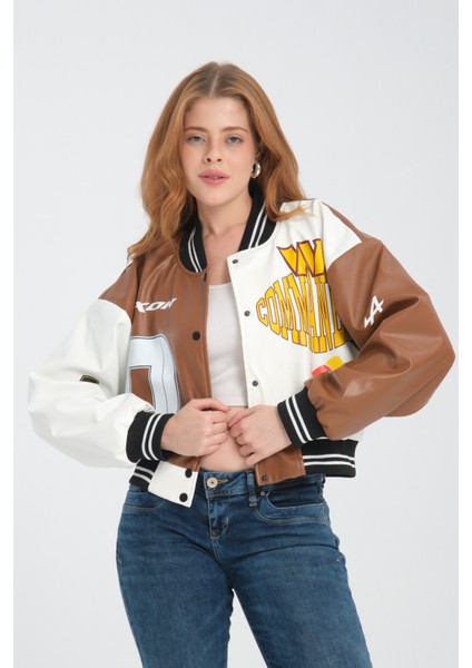 Kadın Deri Overisize Çift Renkli Baskılı Kolej Ceket Çıt Çıtlı Motorcu Montu Yarışçı Bomber Ceket indirimleri