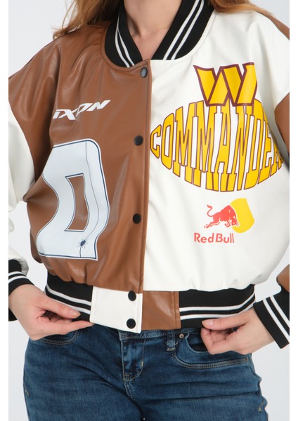 Kadın Deri Overisize Çift Renkli Baskılı Kolej Ceket Çıt Çıtlı Motorcu Montu Yarışçı Bomber Ceket