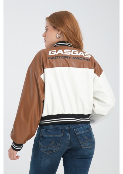 Kadın Deri Overisize Çift Renkli Baskılı Kolej Ceket Çıt Çıtlı Motorcu Montu Yarışçı Bomber Ceket