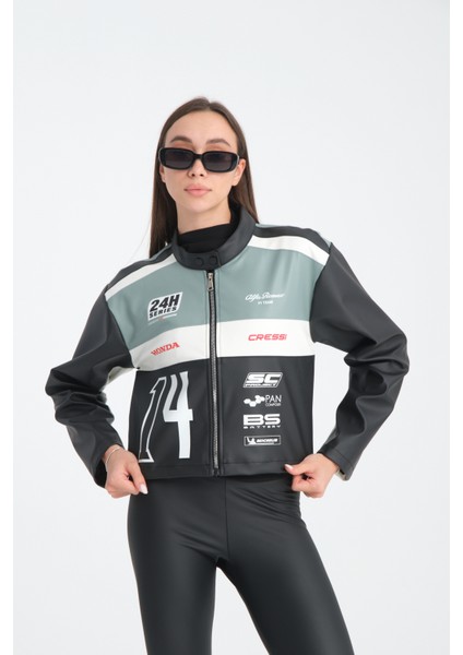 Kadın Oversize Baskılı Deri Şeritli Motorcu Montu Garnili Fermuarlı Yarışçı Ceketi Bomber Kolej Mont