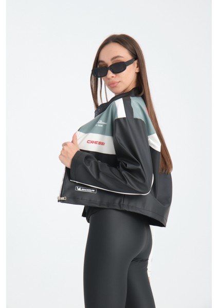 Kadın Oversize Baskılı Deri Şeritli Motorcu Montu Garnili Fermuarlı Yarışçı Ceketi Bomber Kolej Mont fiyatları