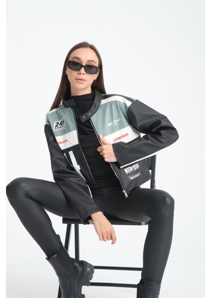 Kadın Oversize Baskılı Deri Şeritli Motorcu Montu Garnili Fermuarlı Yarışçı Ceketi Bomber Kolej Mont modelleri