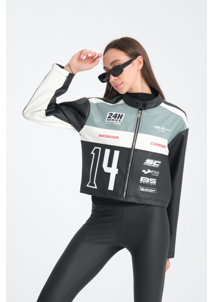 Kadın Oversize Baskılı Deri Şeritli Motorcu Montu Garnili Fermuarlı Yarışçı Ceketi Bomber Kolej Mont indirimleri