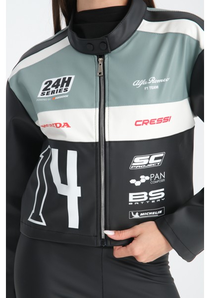 Kadın Oversize Baskılı Deri Şeritli Motorcu Montu Garnili Fermuarlı Yarışçı Ceketi Bomber Kolej Mont