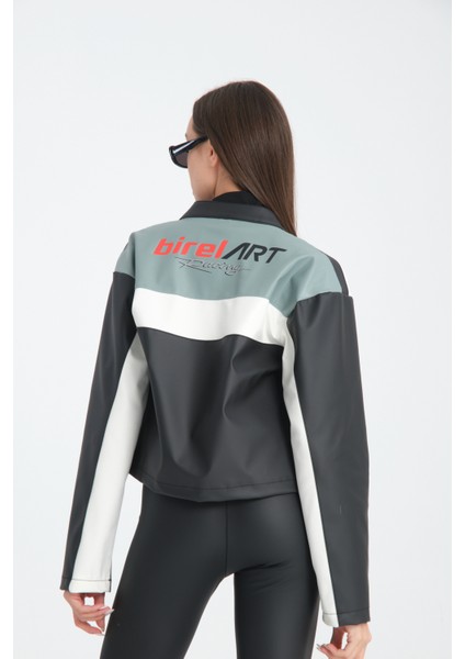 Kadın Oversize Baskılı Deri Şeritli Motorcu Montu Garnili Fermuarlı Yarışçı Ceketi Bomber Kolej Mont