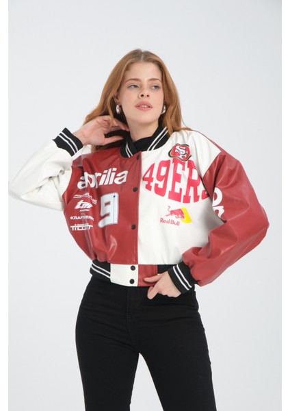 Kadın Deri Overisize Çift Renkli Baskılı Kolej Ceket Çıt Çıtlı Motorcu Montu Yarışçı Bomber Ceket