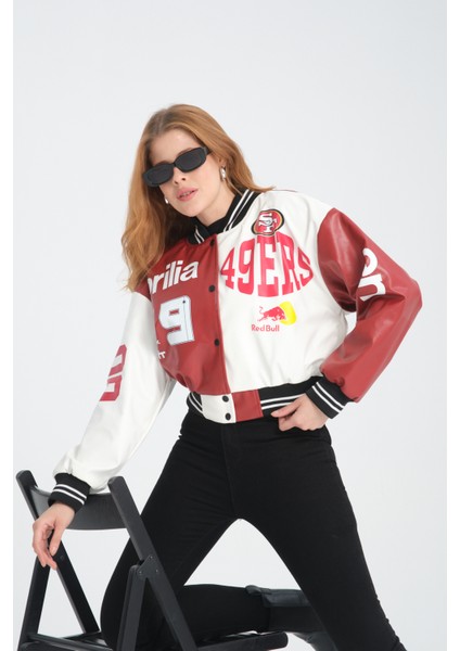 Kadın Deri Overisize Çift Renkli Baskılı Kolej Ceket Çıt Çıtlı Motorcu Montu Yarışçı Bomber Ceket fiyatları