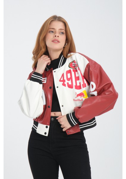 Kadın Deri Overisize Çift Renkli Baskılı Kolej Ceket Çıt Çıtlı Motorcu Montu Yarışçı Bomber Ceket modelleri