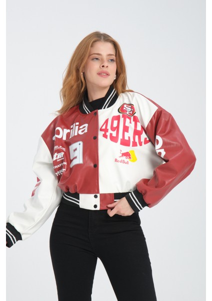 Kadın Deri Overisize Çift Renkli Baskılı Kolej Ceket Çıt Çıtlı Motorcu Montu Yarışçı Bomber Ceket fırsatları