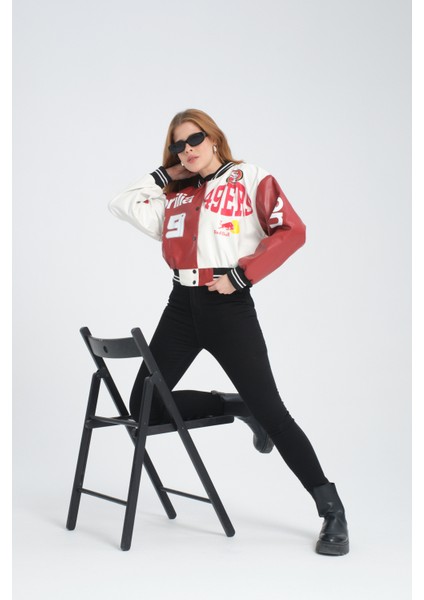 Kadın Deri Overisize Çift Renkli Baskılı Kolej Ceket Çıt Çıtlı Motorcu Montu Yarışçı Bomber Ceket indirimleri