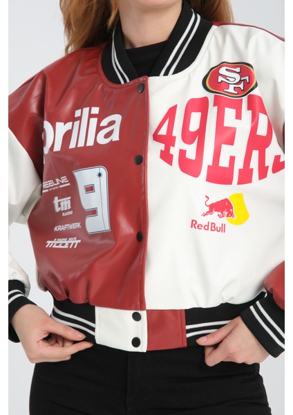 Kadın Deri Overisize Çift Renkli Baskılı Kolej Ceket Çıt Çıtlı Motorcu Montu Yarışçı Bomber Ceket