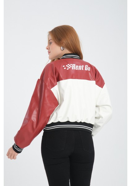 Kadın Deri Overisize Çift Renkli Baskılı Kolej Ceket Çıt Çıtlı Motorcu Montu Yarışçı Bomber Ceket