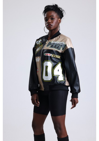 Kadın Oversize Baskılı Deri Motorcu Montu Fermuarlı Yarışçı Mont Astarlı Bomber Kolej Mont