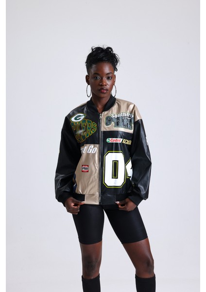 Kadın Oversize Baskılı Deri Motorcu Montu Fermuarlı Yarışçı Mont Astarlı Bomber Kolej Mont fiyatları