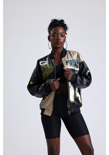 Kadın Oversize Baskılı Deri Motorcu Montu Fermuarlı Yarışçı Mont Astarlı Bomber Kolej Mont modelleri