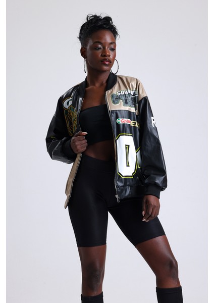 Kadın Oversize Baskılı Deri Motorcu Montu Fermuarlı Yarışçı Mont Astarlı Bomber Kolej Mont fırsatları