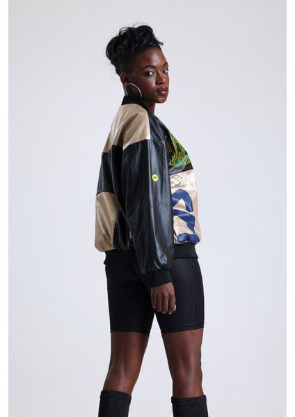 Kadın Oversize Baskılı Deri Motorcu Montu Fermuarlı Yarışçı Mont Astarlı Bomber Kolej Mont indirimleri