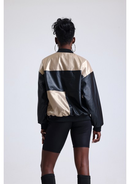 Kadın Oversize Baskılı Deri Motorcu Montu Fermuarlı Yarışçı Mont Astarlı Bomber Kolej Mont