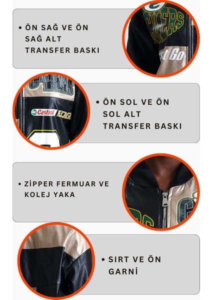 Kadın Oversize Baskılı Deri Motorcu Montu Fermuarlı Yarışçı Mont Astarlı Bomber Kolej Mont