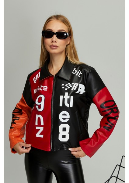 Kadın Oversize Çift Renkli Baskılı Yarışçı Montu Fermuarlı Kolej Ceket Bomber Motorcu Montu