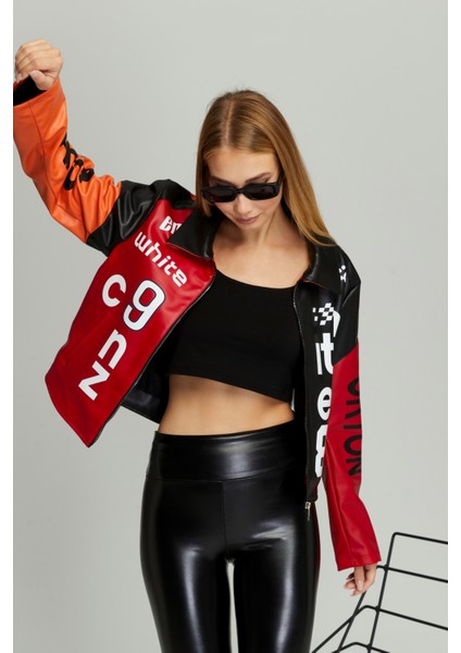 Kadın Oversize Çift Renkli Baskılı Yarışçı Montu Fermuarlı Kolej Ceket Bomber Motorcu Montu fiyatları