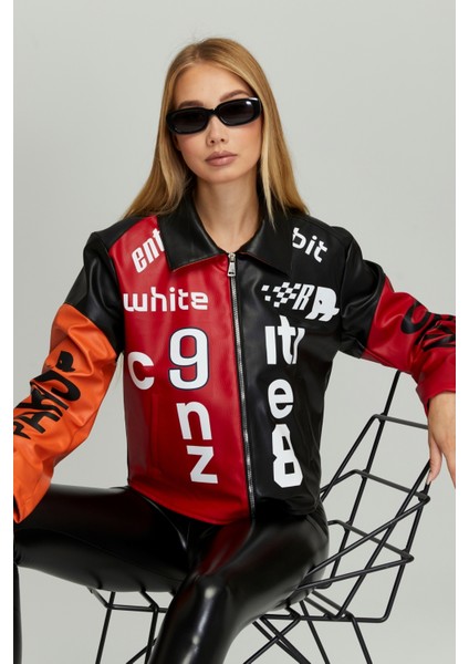 Kadın Oversize Çift Renkli Baskılı Yarışçı Montu Fermuarlı Kolej Ceket Bomber Motorcu Montu modelleri