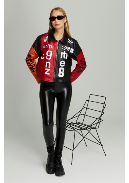 Kadın Oversize Çift Renkli Baskılı Yarışçı Montu Fermuarlı Kolej Ceket Bomber Motorcu Montu fırsatları