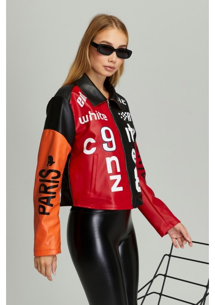Kadın Oversize Çift Renkli Baskılı Yarışçı Montu Fermuarlı Kolej Ceket Bomber Motorcu Montu indirimleri