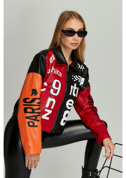 Kadın Oversize Çift Renkli Baskılı Yarışçı Montu Fermuarlı Kolej Ceket Bomber Motorcu Montu