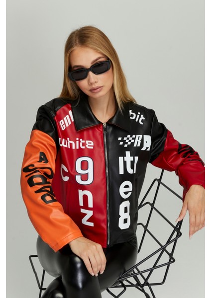 Kadın Oversize Çift Renkli Baskılı Yarışçı Montu Fermuarlı Kolej Ceket Bomber Motorcu Montu