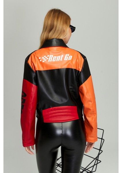 Kadın Oversize Çift Renkli Baskılı Yarışçı Montu Fermuarlı Kolej Ceket Bomber Motorcu Montu