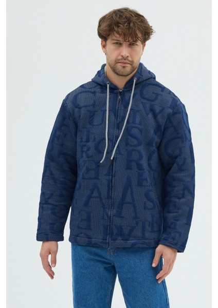 Erkek Oversize Kalın Örme Fermuarlı Kapüşonlu Harf Desenli Örme Ceket Overshirt
