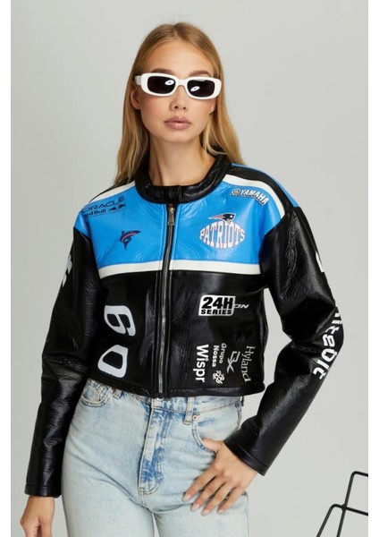 Kadın Puf Deri Oversize Baskılı Motorcu Montu Şeritli Fermuarlı Yarışçı Ceketi Bomber Kolej Mont fiyatları