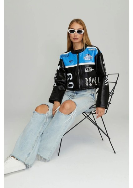 Kadın Puf Deri Oversize Baskılı Motorcu Montu Şeritli Fermuarlı Yarışçı Ceketi Bomber Kolej Mont indirimleri
